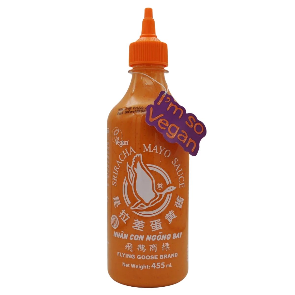 A 455ml bottle of Flying Goose Brand Sriracha Mayo Chilli Sauce featuring an orange cap and a purple "I'm so Vegan" tag.