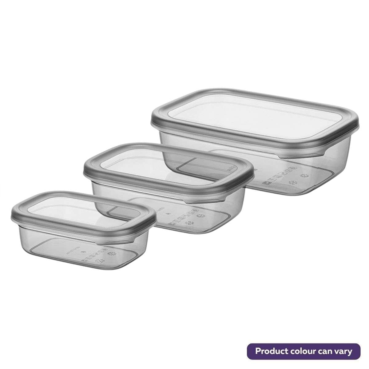 The Foly Life - Peggy Shallow Storage Container Set (3 pcs) features transparent, stackable kitchen containers with gray airtight lids in graduated sizes. Note: Product color may vary.