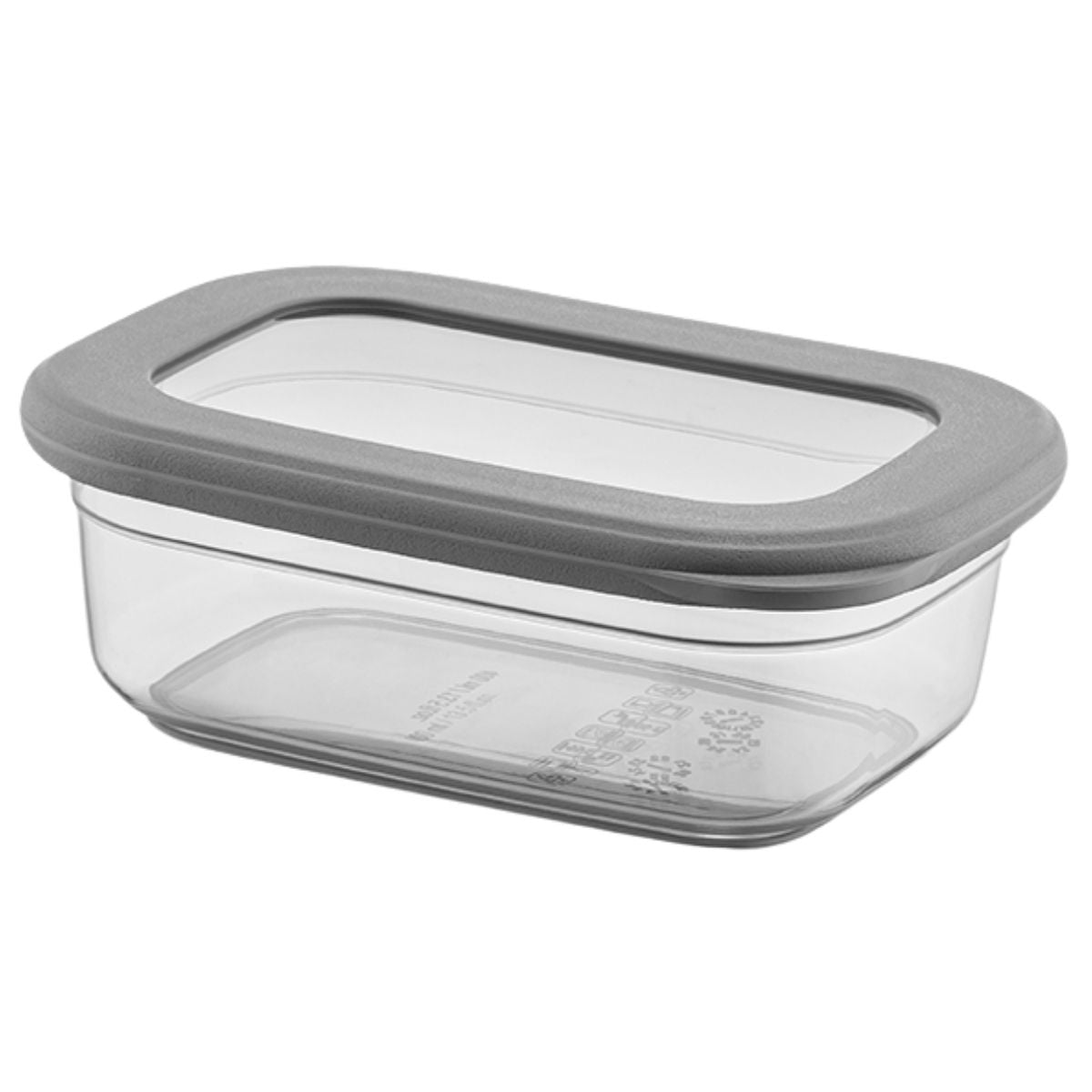 Clear plastic food storage container with a gray lid on a white background