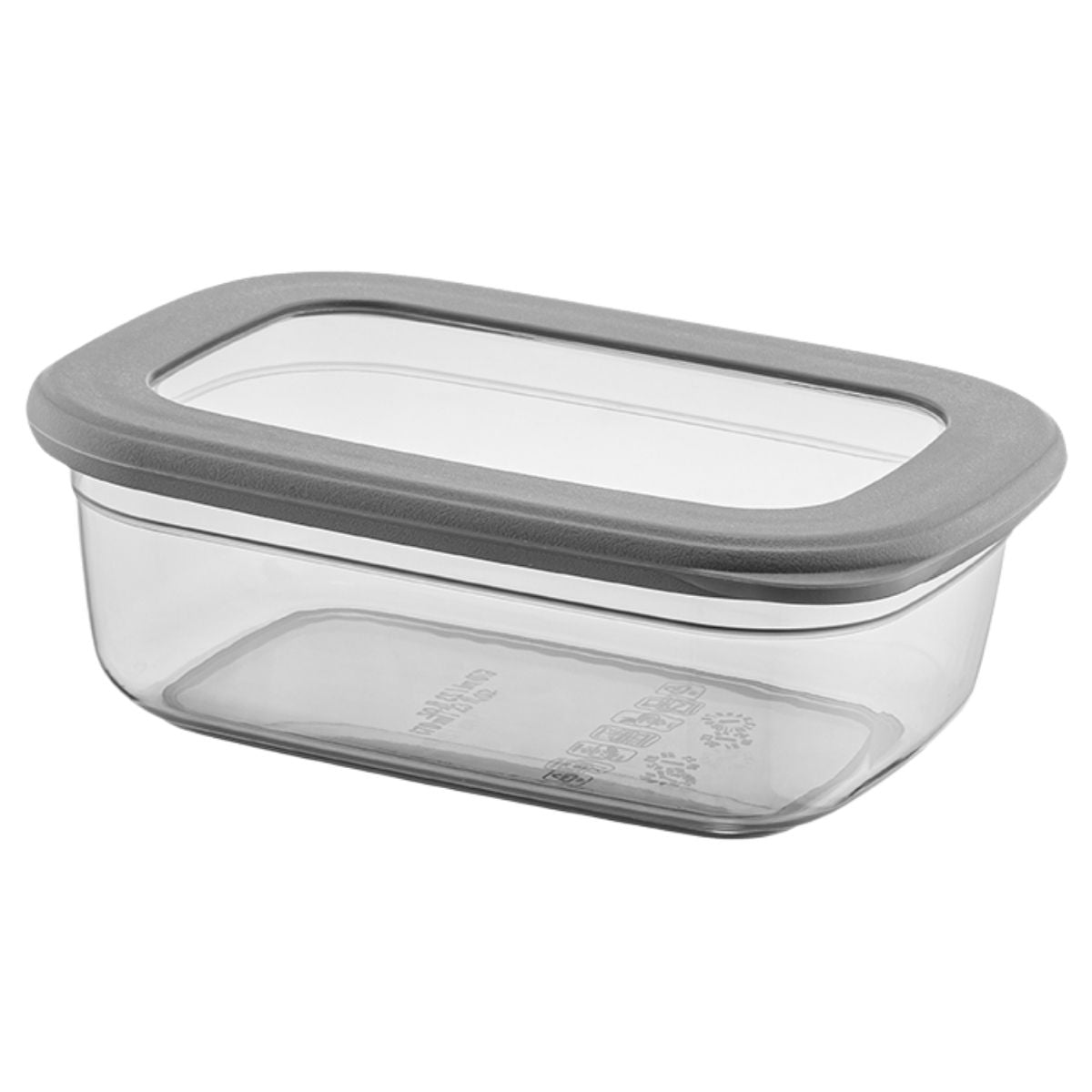 Clear Plastic food storage container with gray lid on a white background