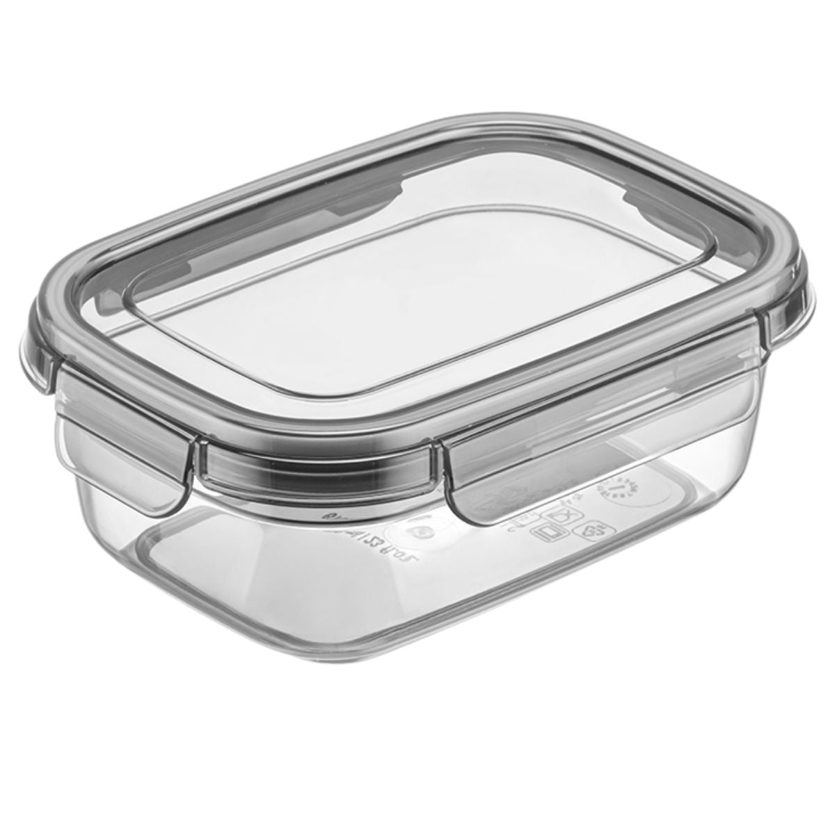 The Foly Life Tesny Plastic Airtight Storage Container (670ml) is a clear rectangular container with a gray snap-on lid.