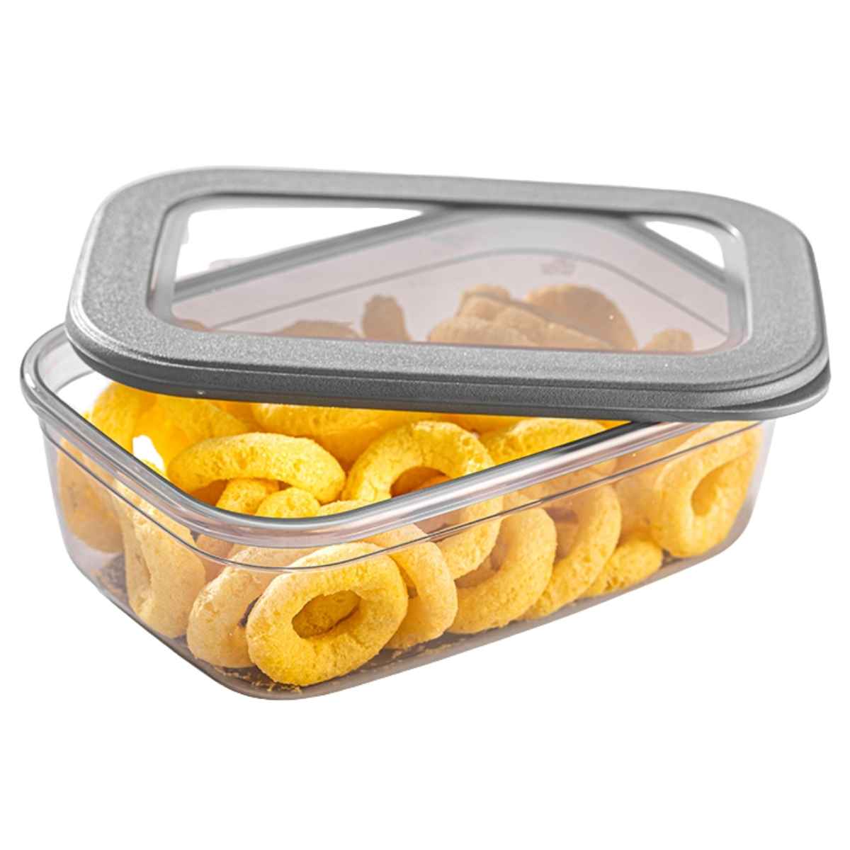 Rectangular container with a gray lid filled with yellow snack rings on a white background