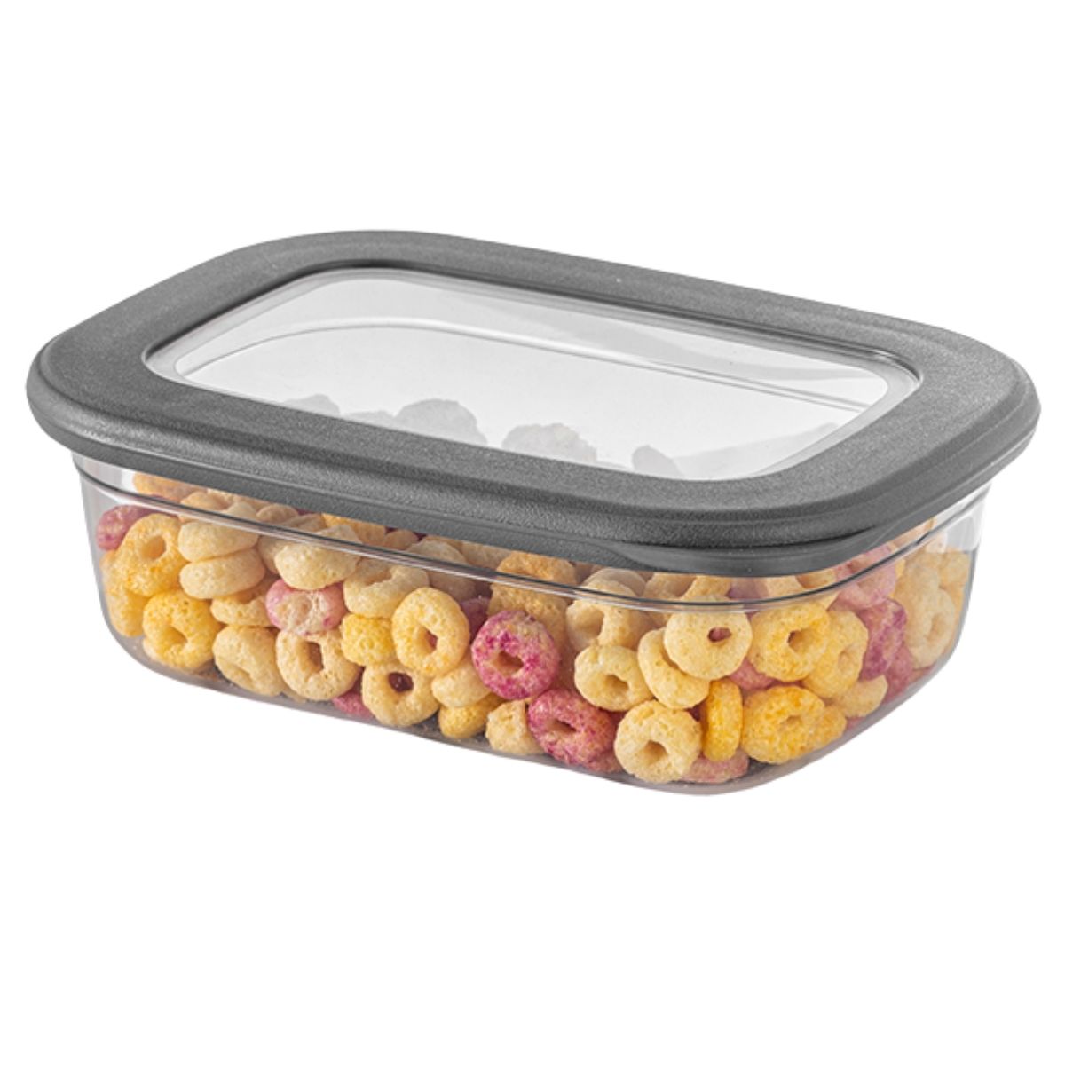 A Foly Life Poli Plastic Storage Container (670ml), rectangular and clear with a grey lid, filled with colourful ring-shaped cereal pieces.