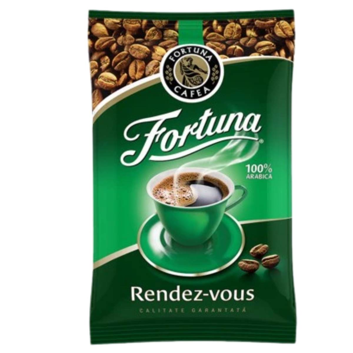 A 250g green package of Fortuna - Verde Roasted & Ground Coffee by Fortuna, featuring a coffee cup and beans on the front with the text "100% Arabica" and "Calitate garantată.