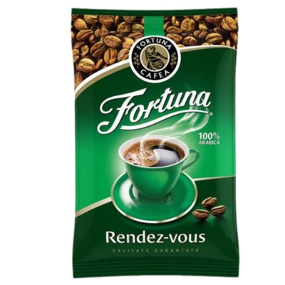 A 250g green package of Fortuna - Verde Roasted & Ground Coffee by Fortuna, featuring a coffee cup and beans on the front with the text "100% Arabica" and "Calitate garantată.