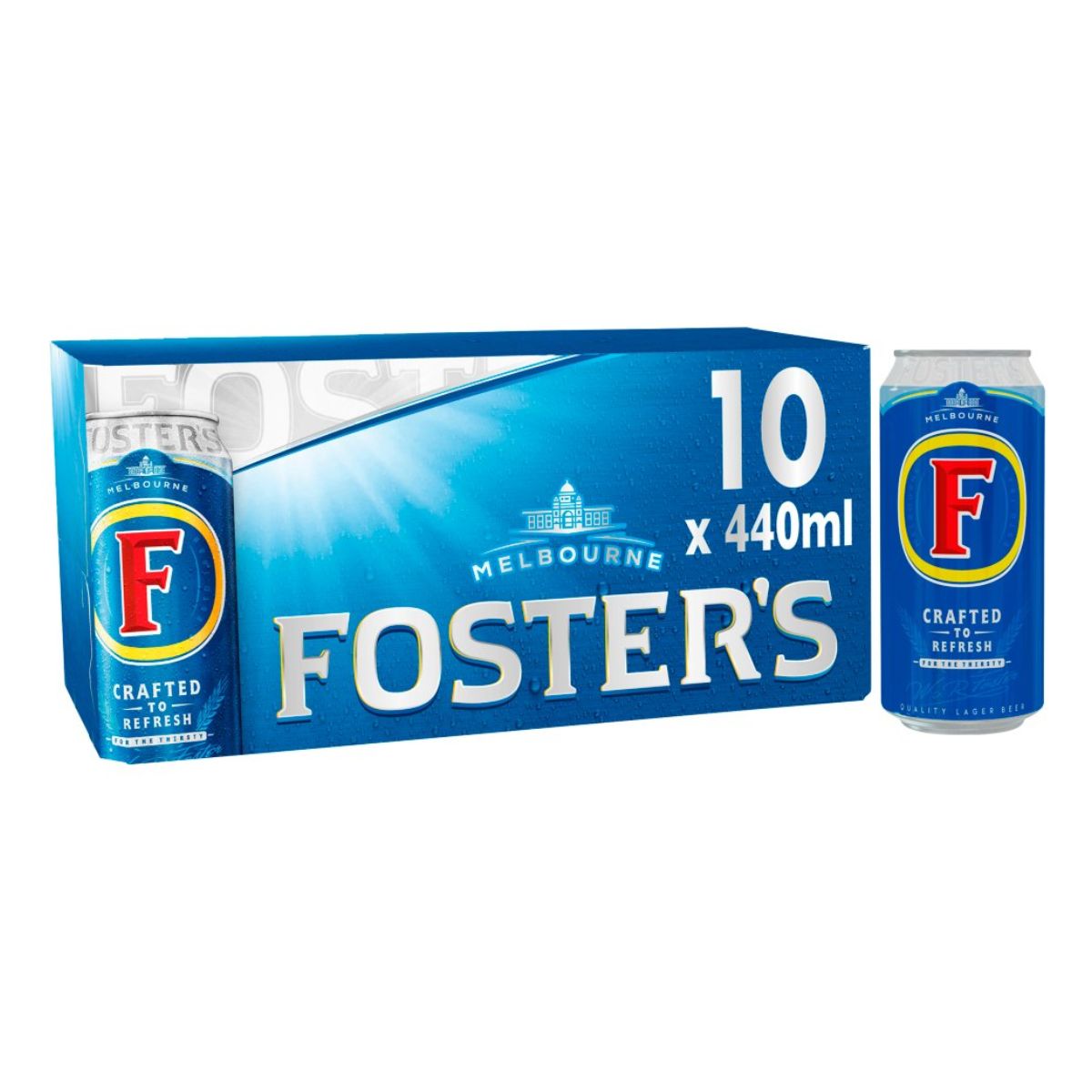 A box of Fosters - Lager Beer Can (3.7% ABV) - 10 x 440ml next to it.