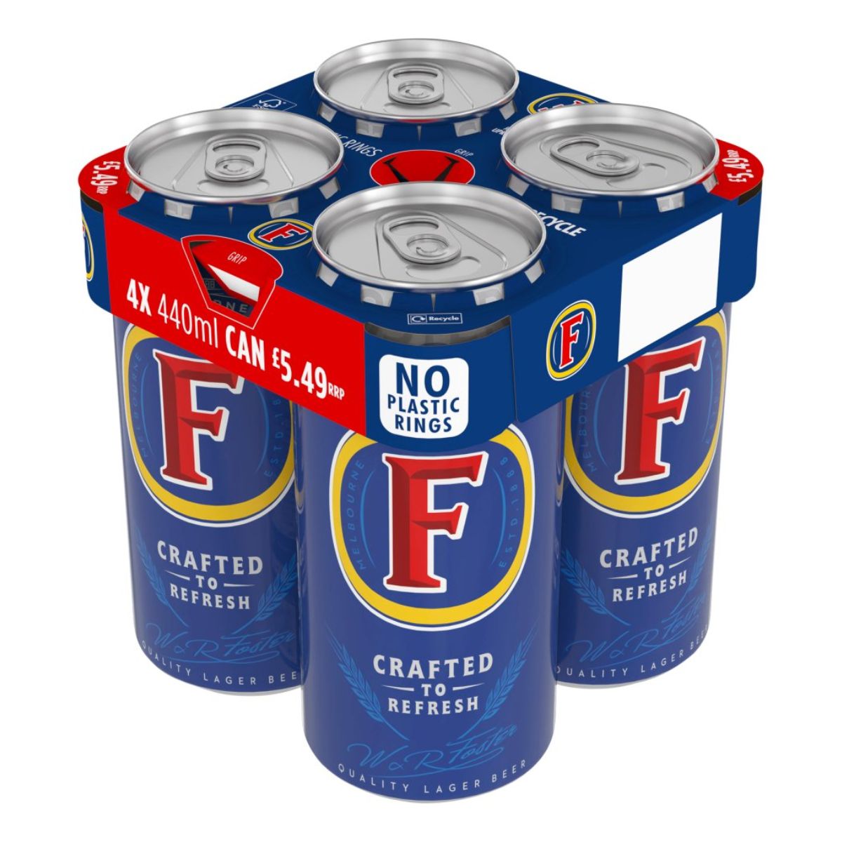 Four Fosters - Lager Beer Cans (3.7% ABV) - 4 x 440ml on a white background.