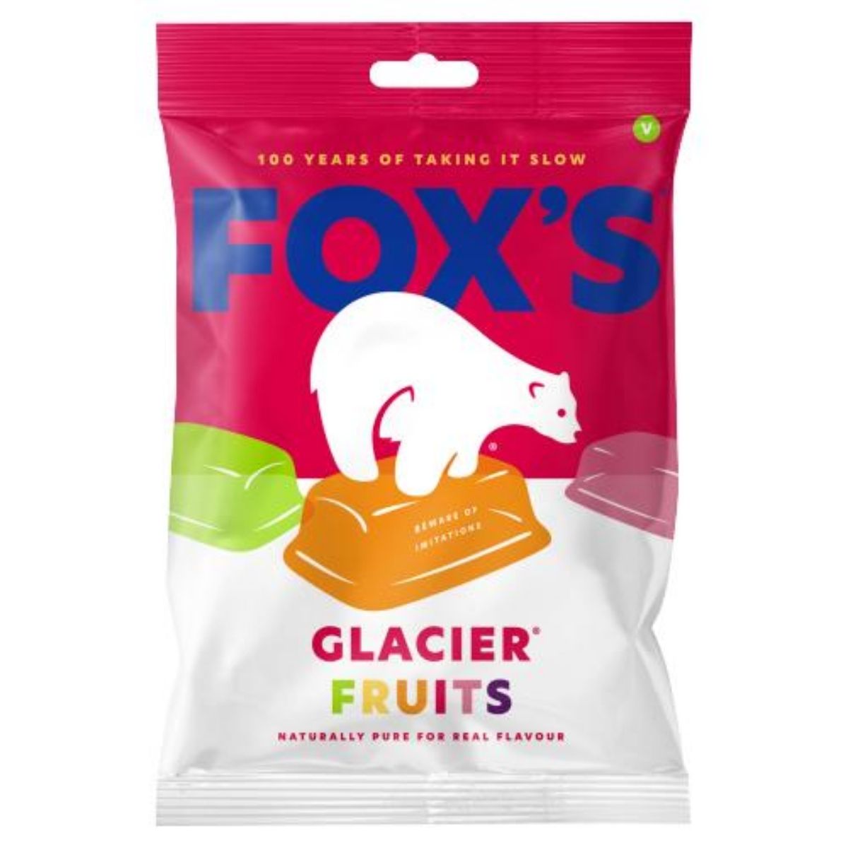 A 200g pack of Fox's Glacier Fruits Sweet comes with a polar bear logo and colorful fruit designs, is crafted with natural flavors, and is suitable for vegans.