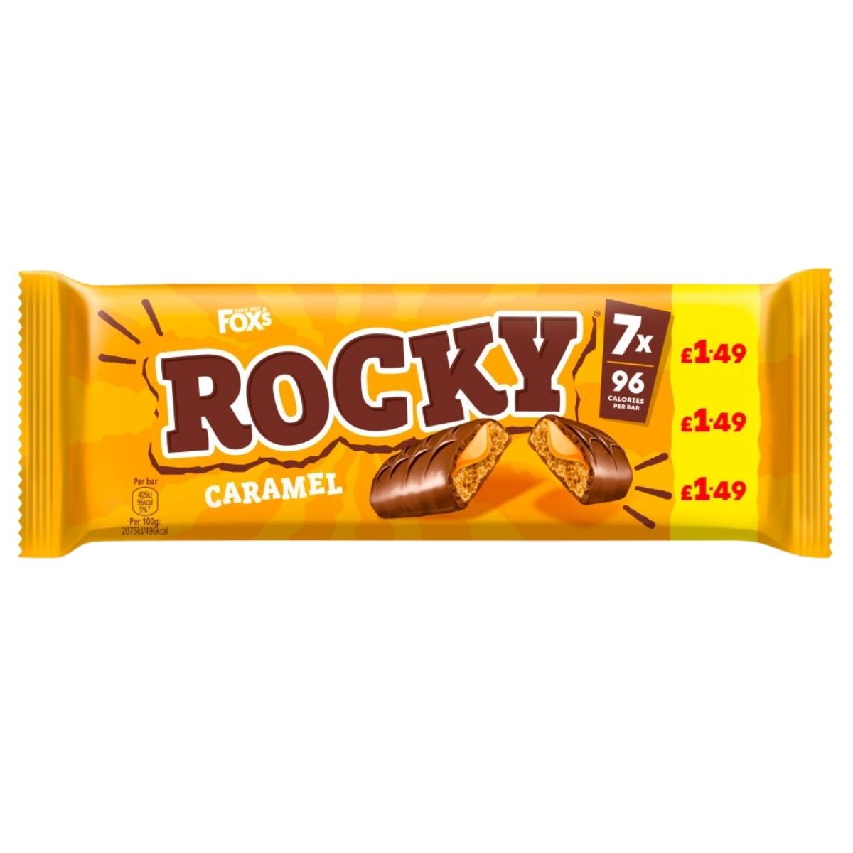 A yellow multipack of Fox's Rocky Caramel Bars (7 x 19.5g) shows two chocolate caramel bars, labeled 96 calories each and priced at £1.49.