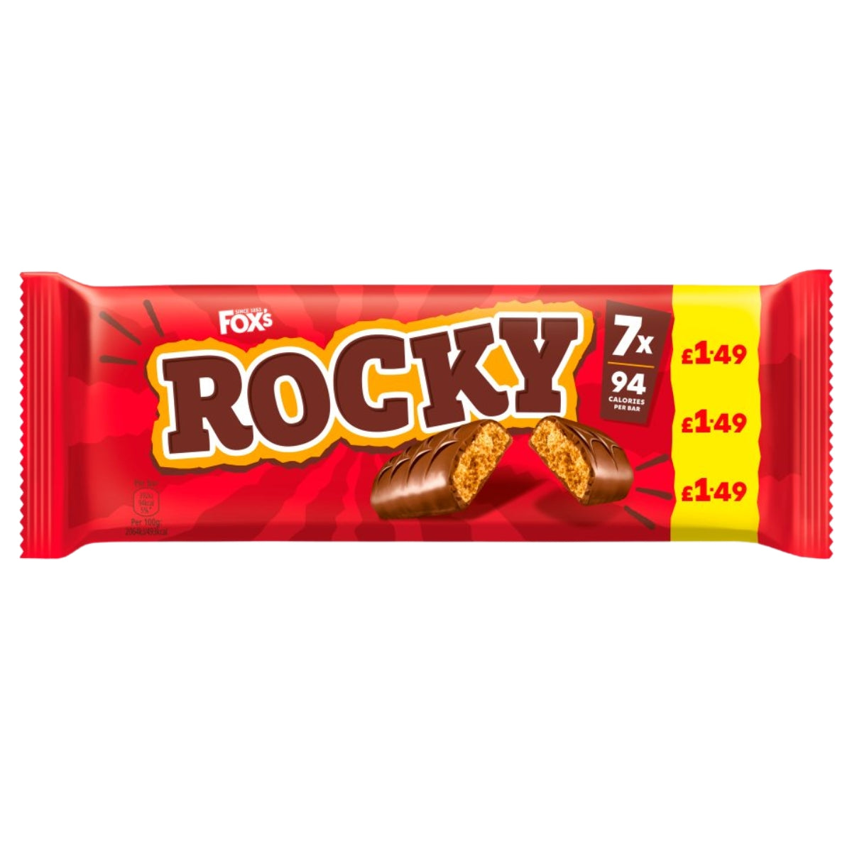 A red pack of Fox's Rocky Chocolate Bars Multipack (7 x 19g) is shown, featuring seven chocolate-coated biscuit bars from the Fox's brand, each containing 94 calories, with the £1.49 price tag displayed three times on the right side.