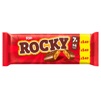 A red pack of Fox's Rocky Chocolate Bars Multipack (7 x 19g) is shown, featuring seven chocolate-coated biscuit bars from the Fox's brand, each containing 94 calories, with the £1.49 price tag displayed three times on the right side.