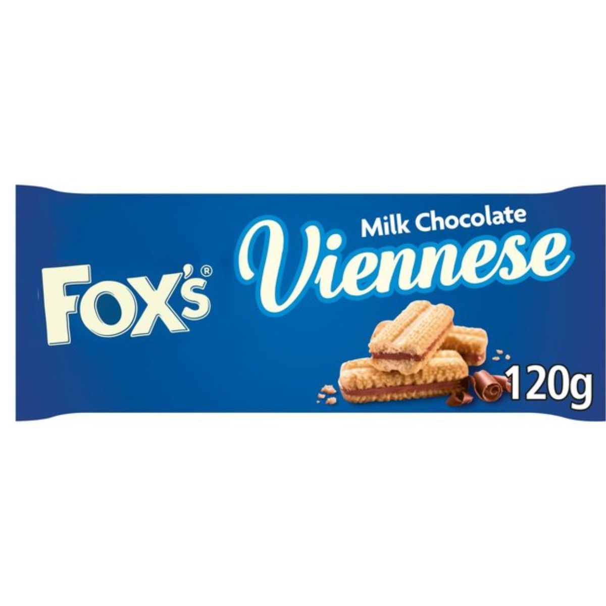 The package of Foxs Viennese Milk Chocolate features an image of three biscuits and chocolate pieces, with a net weight of 120g.