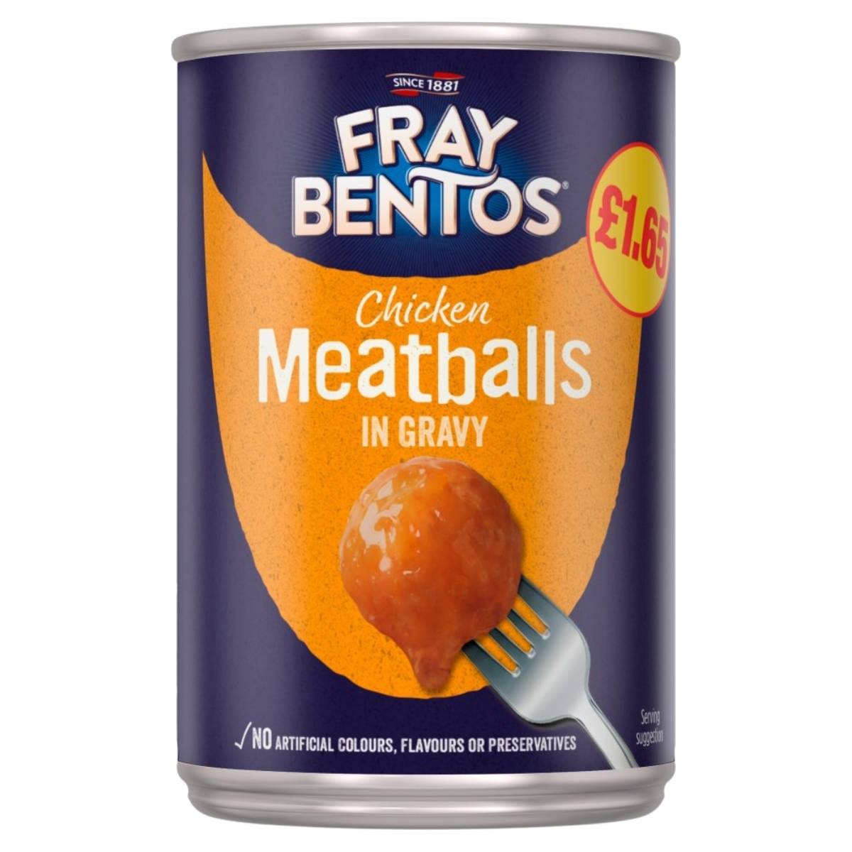 A 380g can of Fray Bentos Chicken Meatballs in Gravy with an orange label, priced at £1.65, featuring a meatball photo on the front and no artificial preservatives.