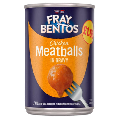 A 380g can of Fray Bentos Chicken Meatballs in Gravy with an orange label, priced at £1.65, featuring a meatball photo on the front and no artificial preservatives.