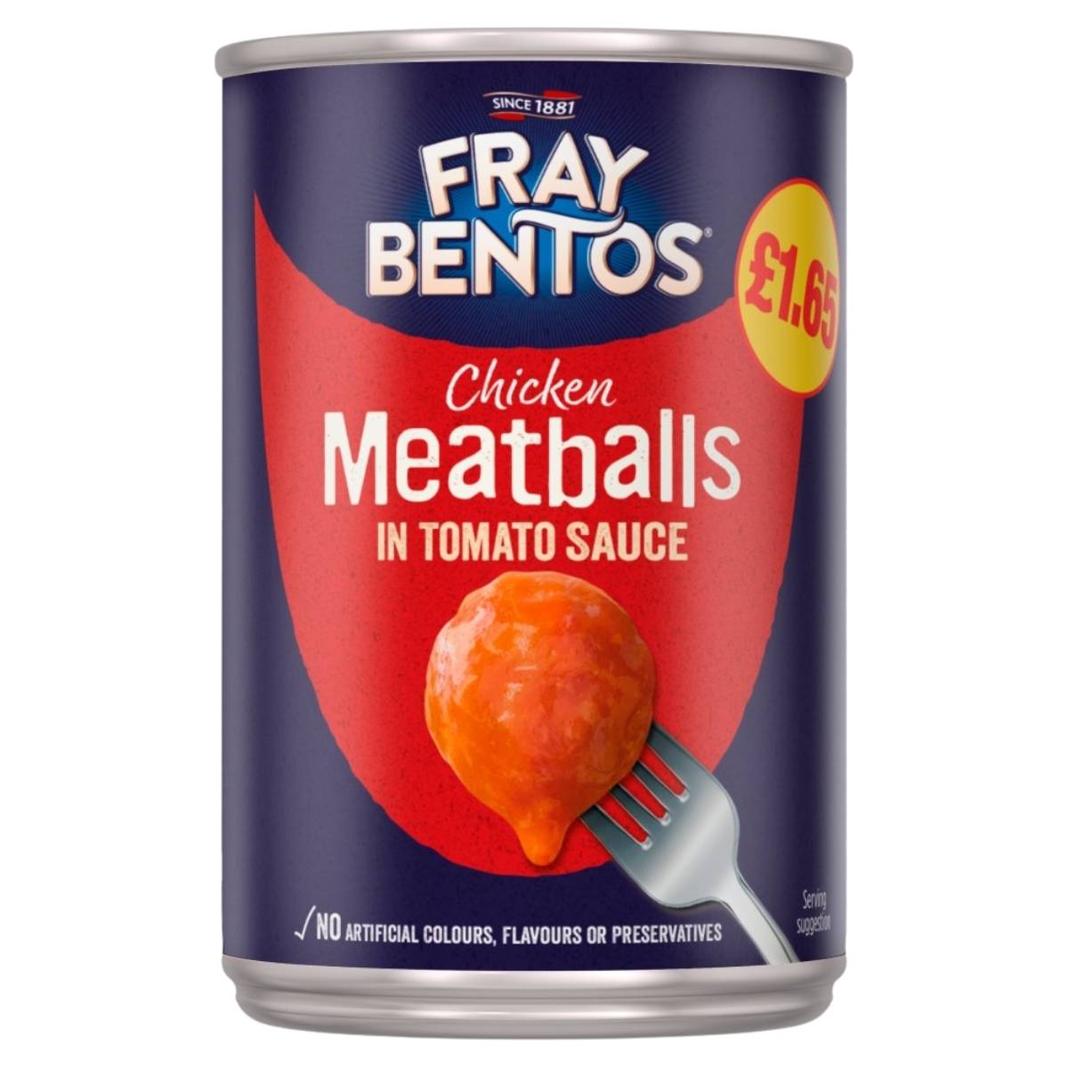 Fray Bentos Chicken Meatballs in Tomato Sauce (380g), priced at £1.65, contains no artificial preservatives.
