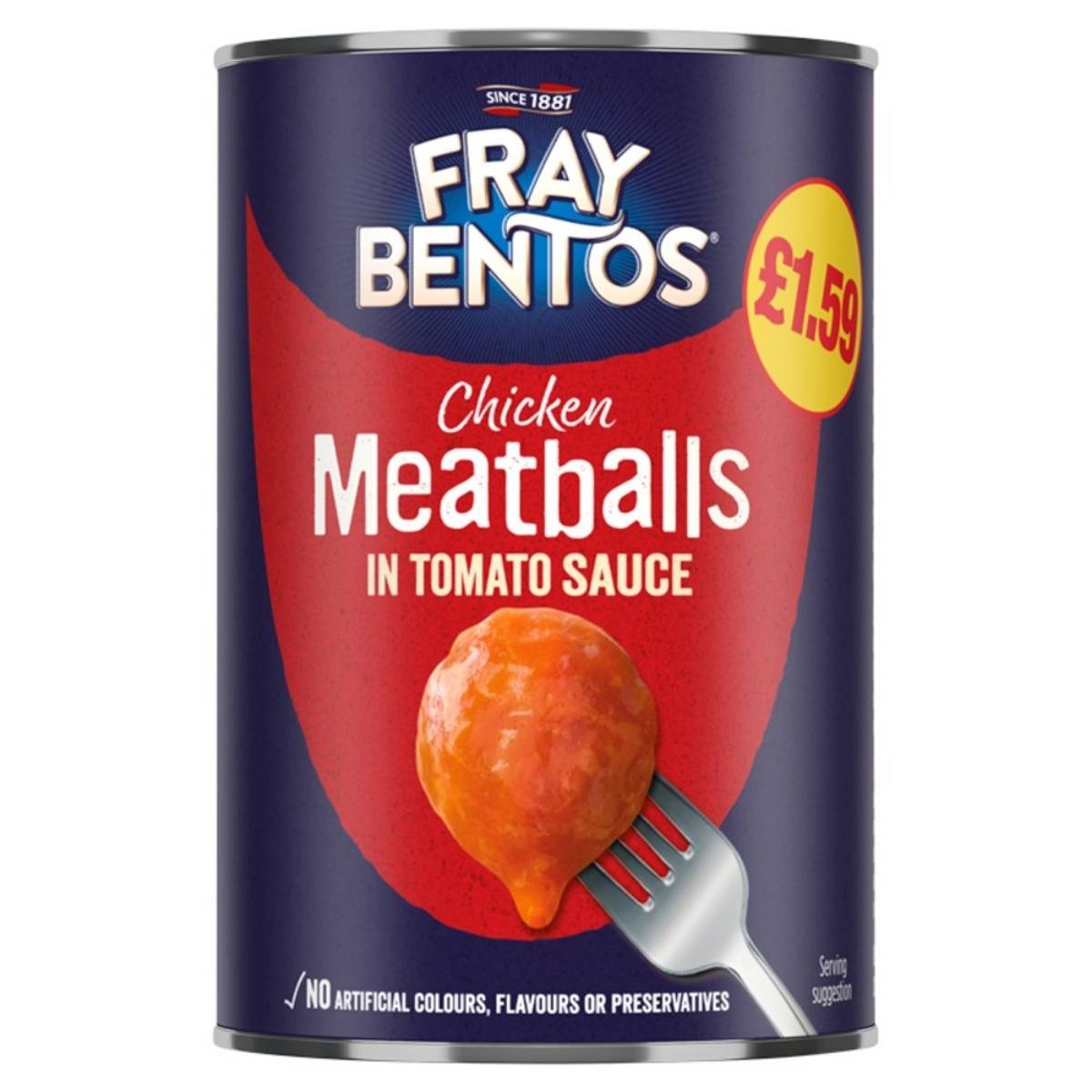 A 380g can of Fray Bentos Chicken Meatballs in Tomato Sauce is available for £1.59, featuring an image of a meatball on a fork.