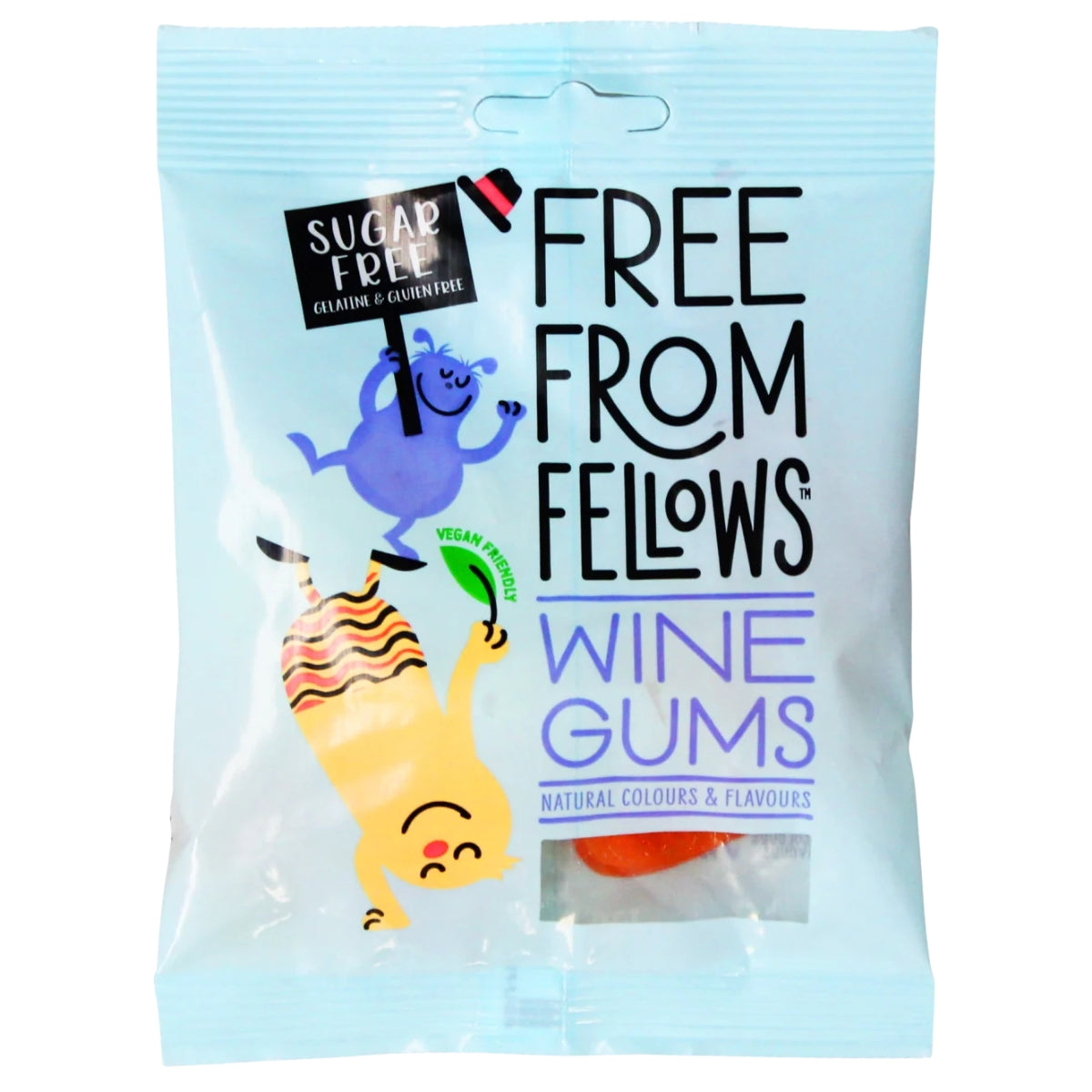 A bag of Sugar Free Free From Fellows Vegan Wine Gums, featuring a light blue packaging with cartoon illustrations of a blue character and a yellow cat, and a clear window showing orange-red gummy candies inside.