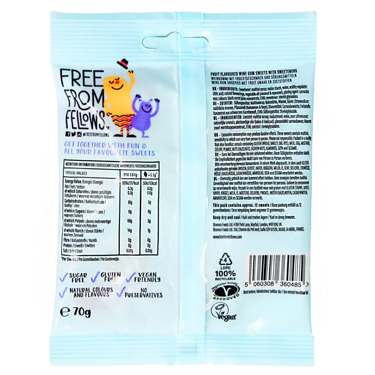 The back of a 70g bag of 'Free From Fellow's' fruit and vegetable sweets, showing nutritional information, ingredients, and a barcode on a white background.