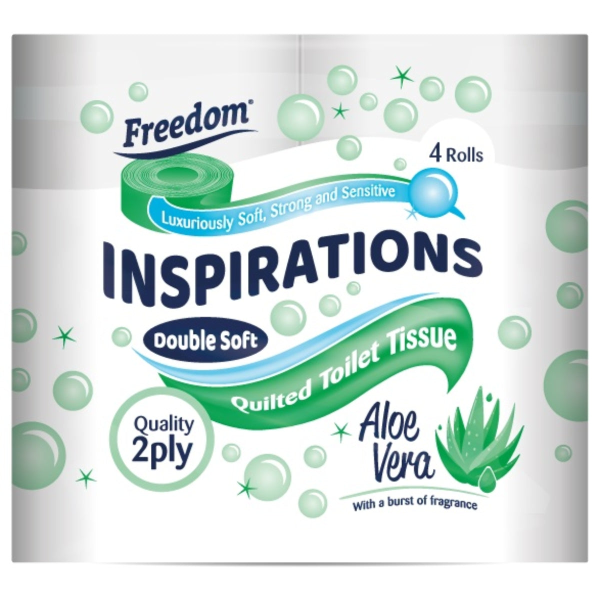 A package of Freedom Inspirations Double Soft Quilted Toilet Tissue, 4 rolls, featuring green and blue graphics with an aloe vera illustration on a white background.