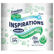 A package of Freedom Inspirations Double Soft Quilted Toilet Tissue, 4 rolls, featuring green and blue graphics with an aloe vera illustration on a white background.
