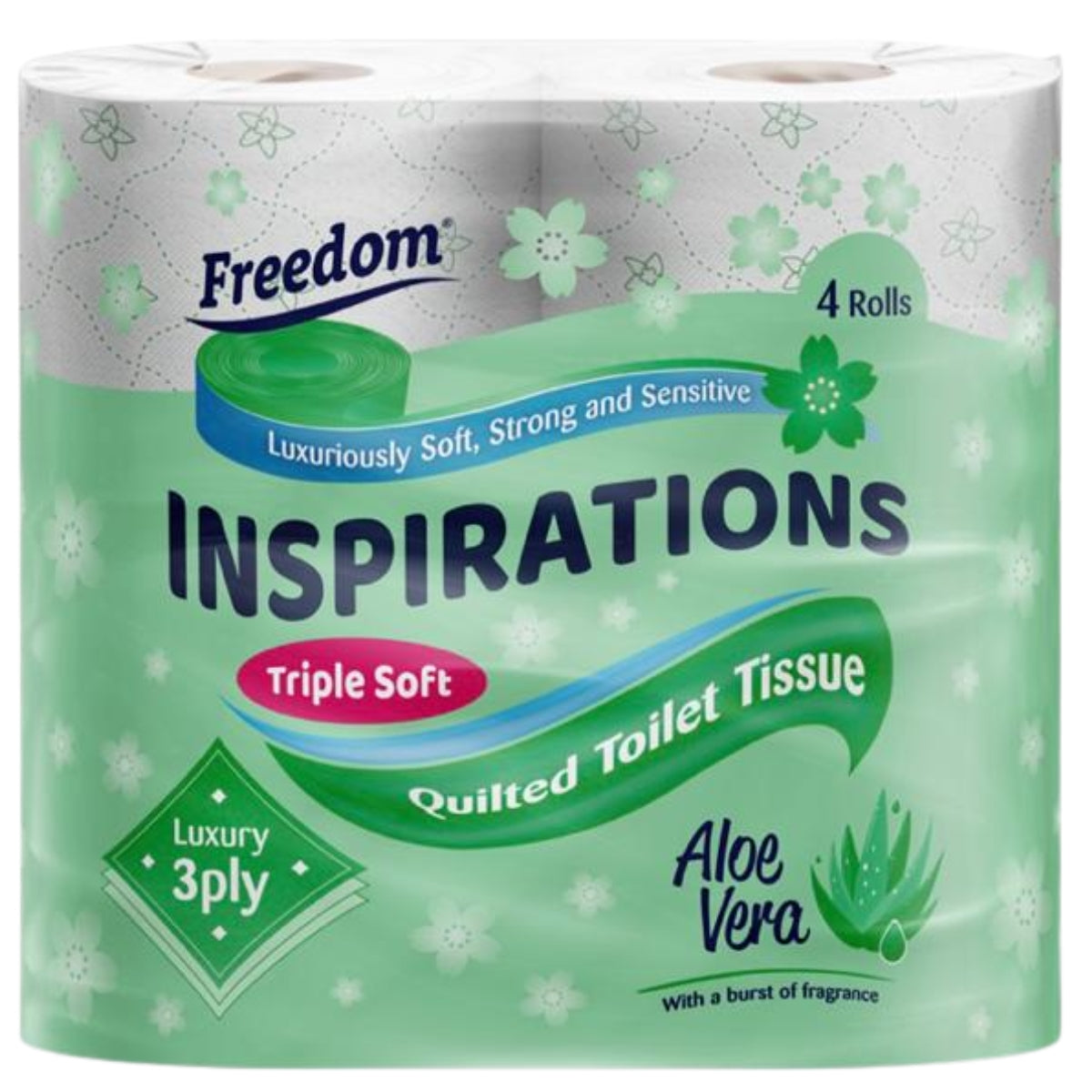Freedom - Inspirations 3 Ply Aloevera Toilet Tissues, 4 rolls by Freedom, featuring triple softness and aloe vera, comes in green floral packaging.