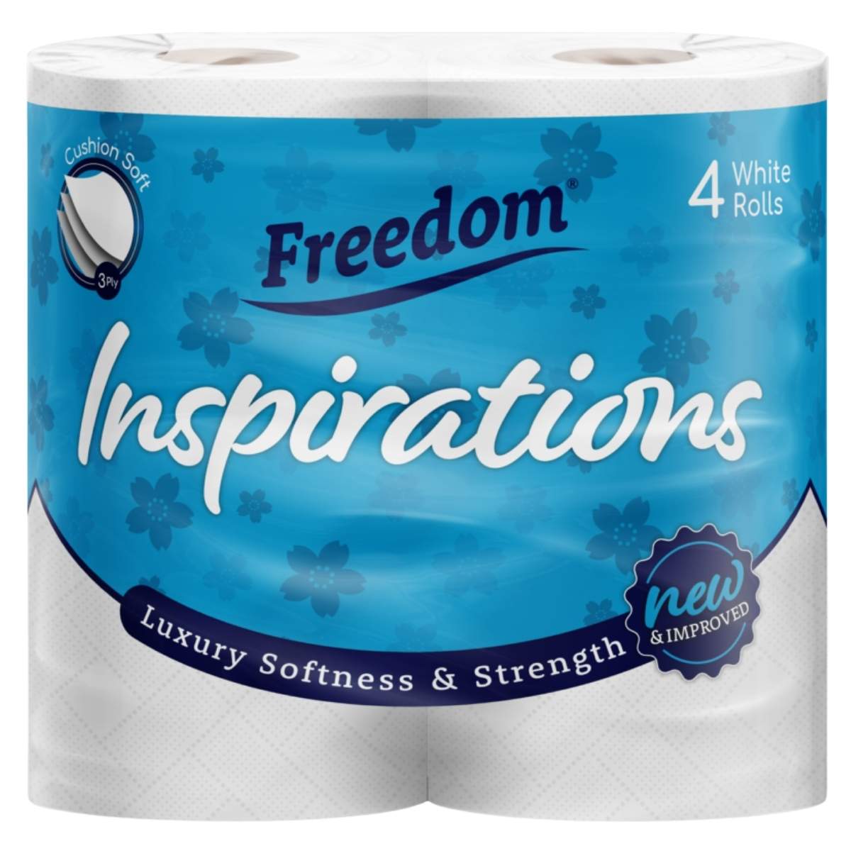A four-pack of Freedom Inspirations 3 Ply Soft Bathroom Tissues features 4 white rolls in blue "new & improved" packaging, offering premium softness and strength you can trust from Freedom.