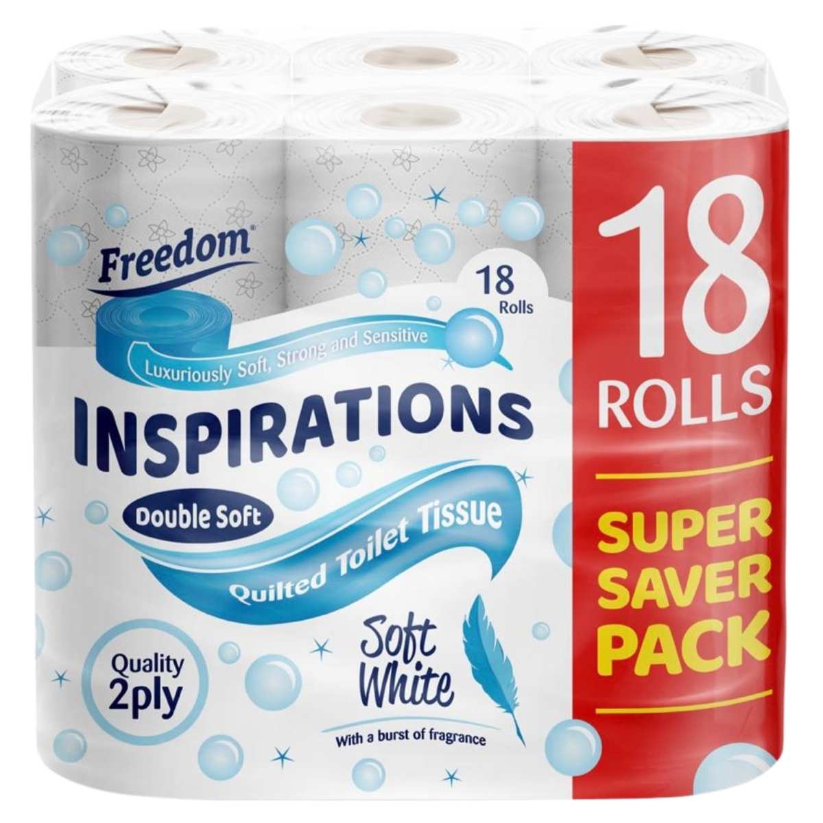 Freedom Inspirations Soft White Toilet Paper, 18 rolls per pack, features 2-ply quilted sheets for extra softness and strength in a "Super Saver Pack.