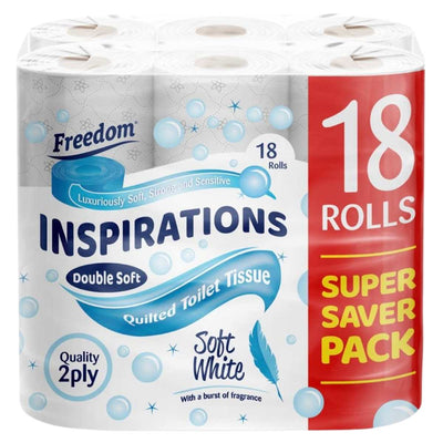 Freedom Inspirations Soft White Toilet Paper, 18 rolls per pack, features 2-ply quilted sheets for extra softness and strength in a "Super Saver Pack.