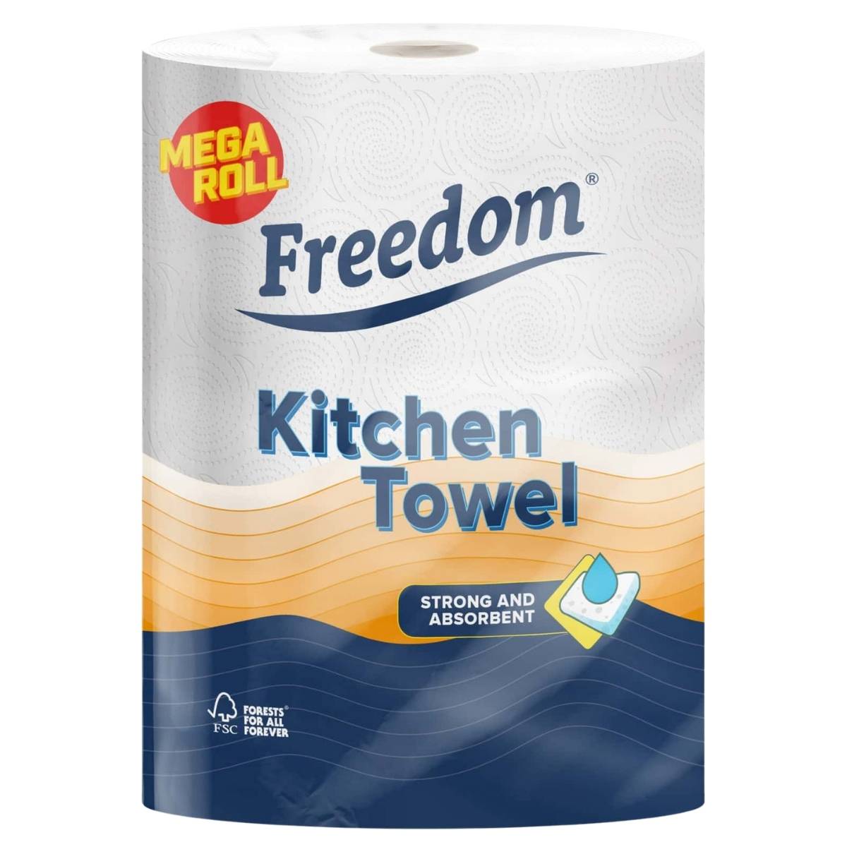 Freedom Mega Kitchen Roll 1Pcs by Freedom—features "Mega Roll," "Strong and Absorbent," and the FSC logo on its pack. Extra-large sheets make it perfect for handling any kitchen mess.