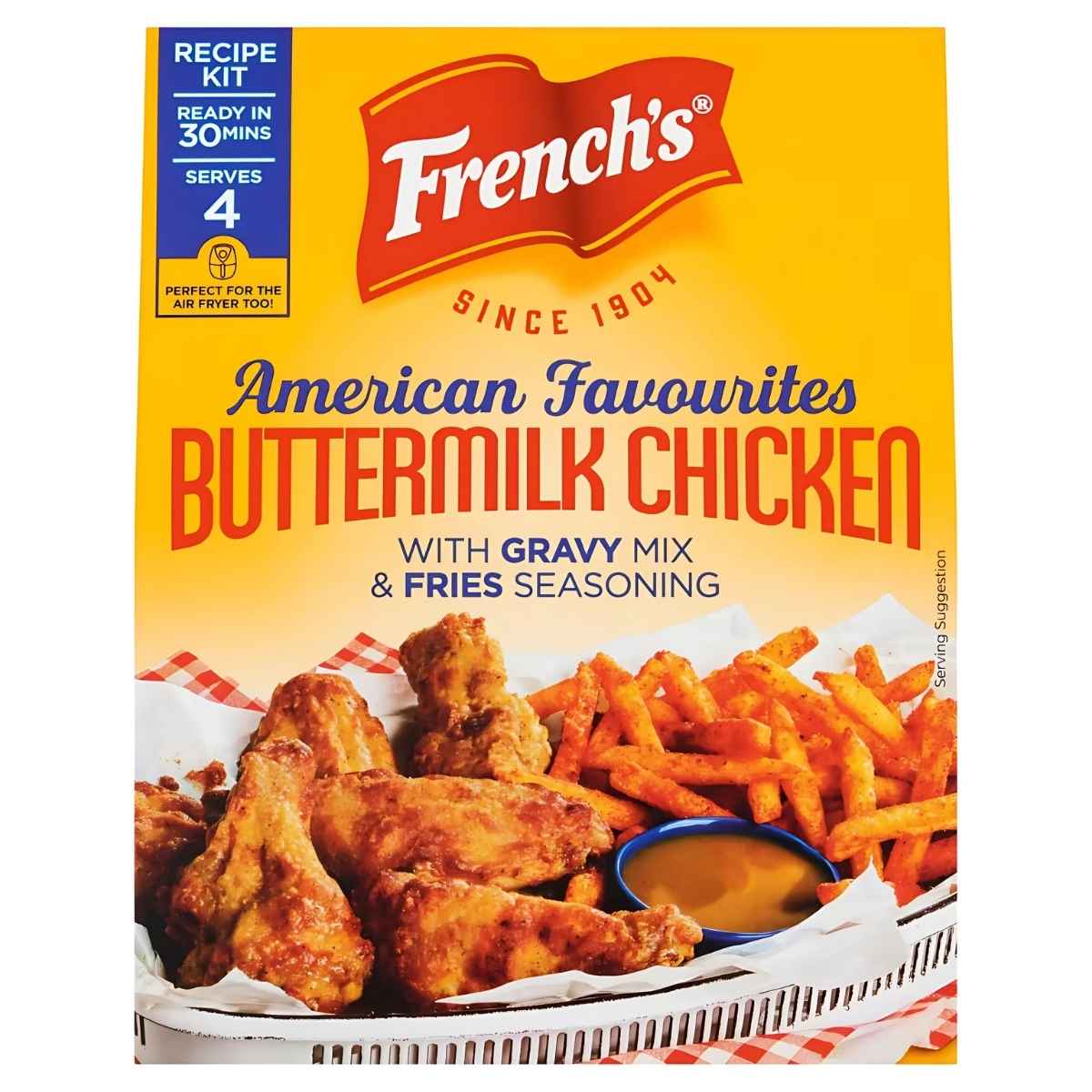 French's Buttermilk Chicken and Fries Seasoning Kit, 85g, features an enticing image of crispy chicken, perfectly seasoned golden fries, and savory gravy mix on the front.