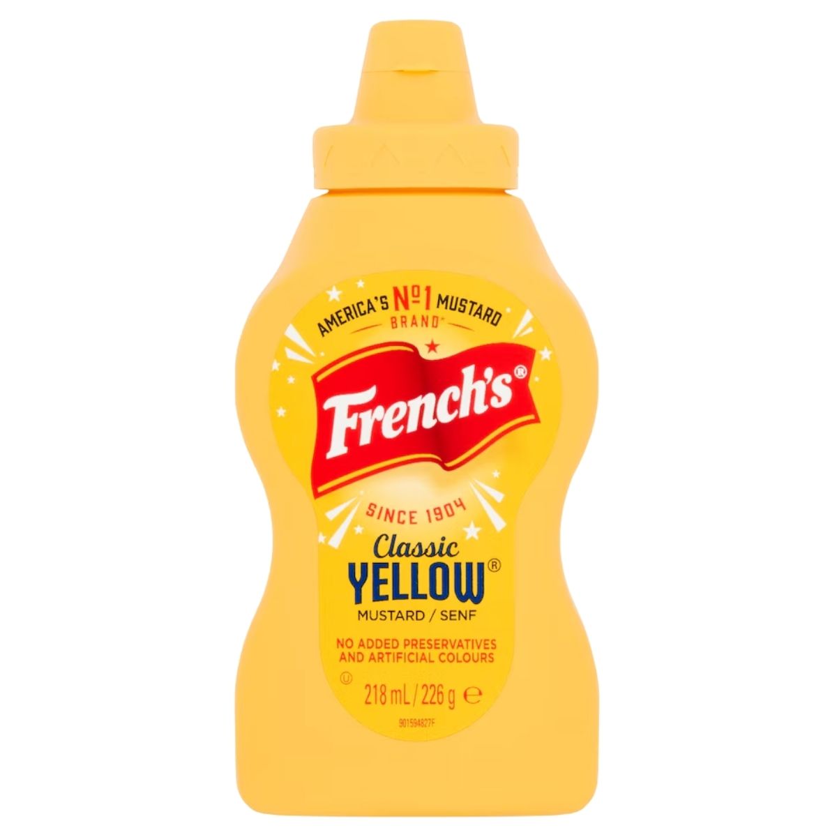 Yellow mustard bottle with French's logo on a white background
