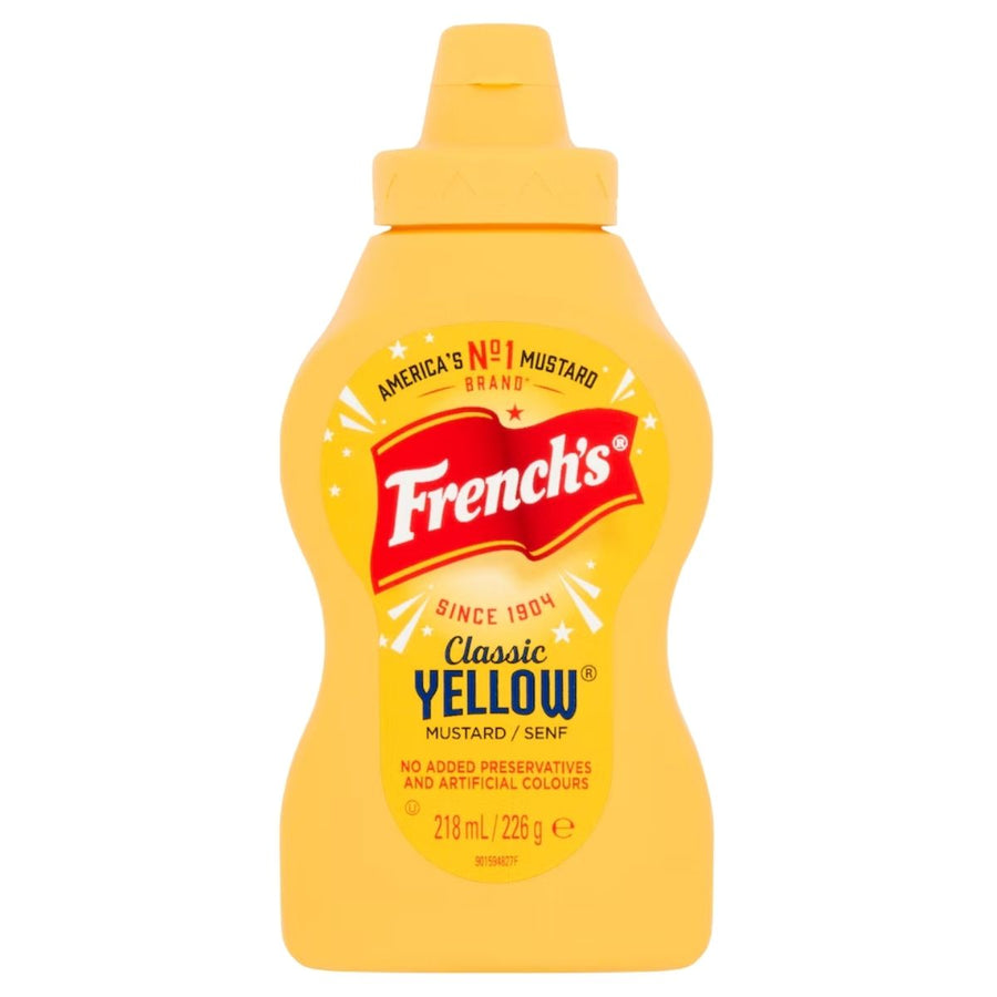 Yellow mustard bottle with French's logo on a white background