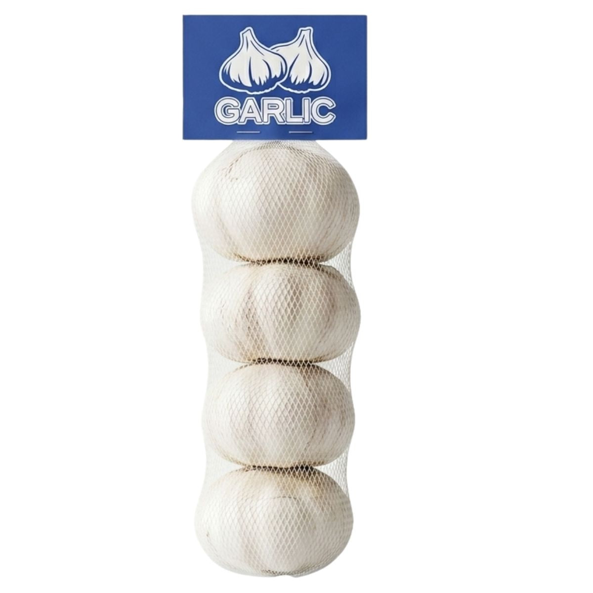 Garlic cloves 4pack in a mesh bag with a blue label on a white background