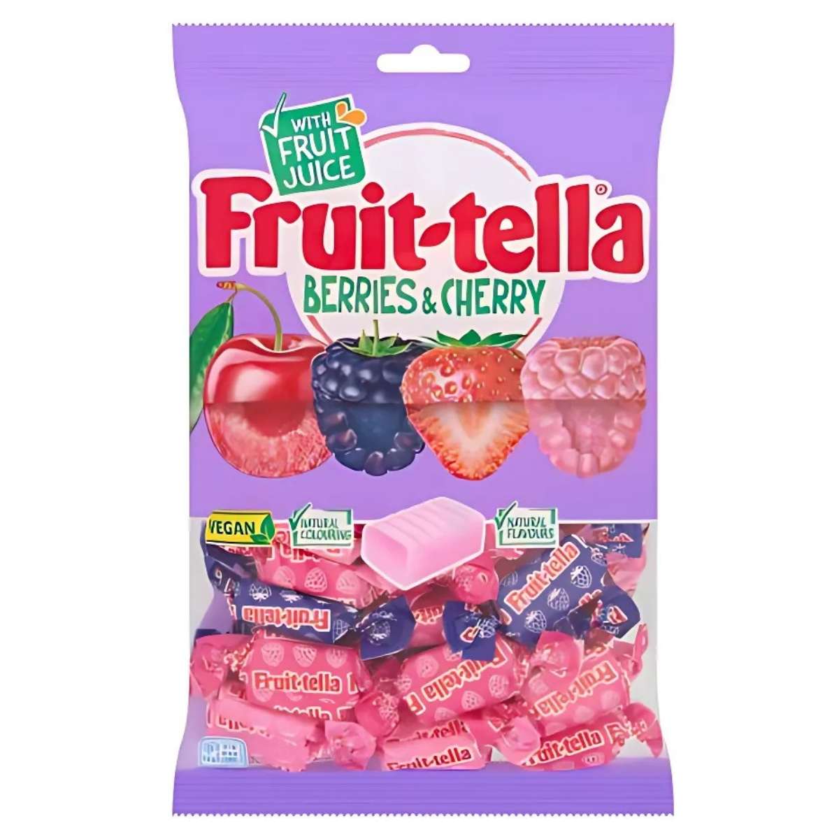 A 300g bag of Fruit-tella Berries and Cherry Juicy Chews features vibrant illustrations of cherry, blackberry, strawberry, and raspberry, celebrating vegan goodness and fruity flavors crafted from natural ingredients.