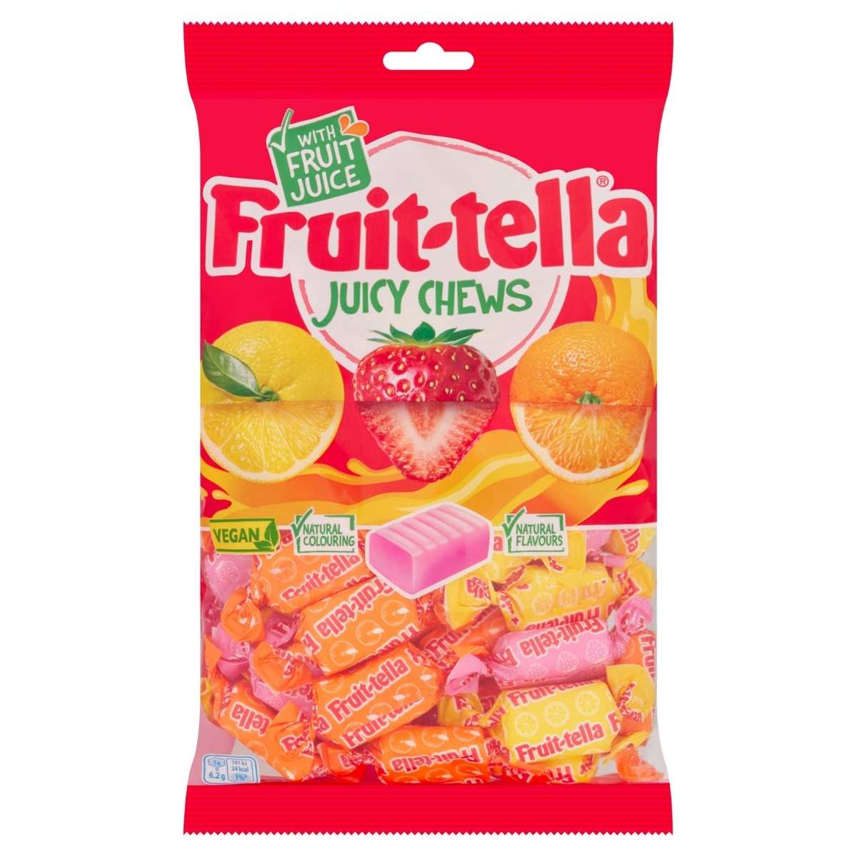 A 300g bag of Fruit-tella Juicy Chews bursts with fruity flavor, displaying candy pieces and images of lemon, strawberry, and orange on the packaging.