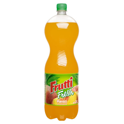 A 2L bottle of Frutti Fresh - Peach Flavour Drink from Frutti Fresh, featuring an orange liquid and a green cap.