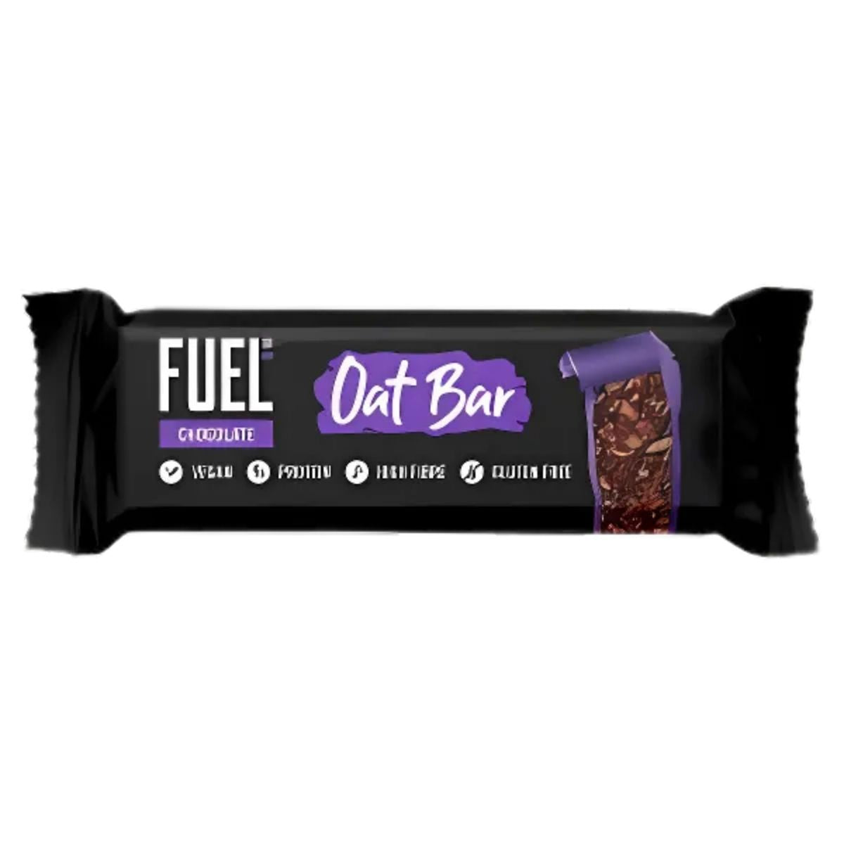 Wrapped in black and purple, the Fuel10k Chocolate Oat Bar is a vegan treat that is high in plant protein, rich in fiber, and gluten-free.