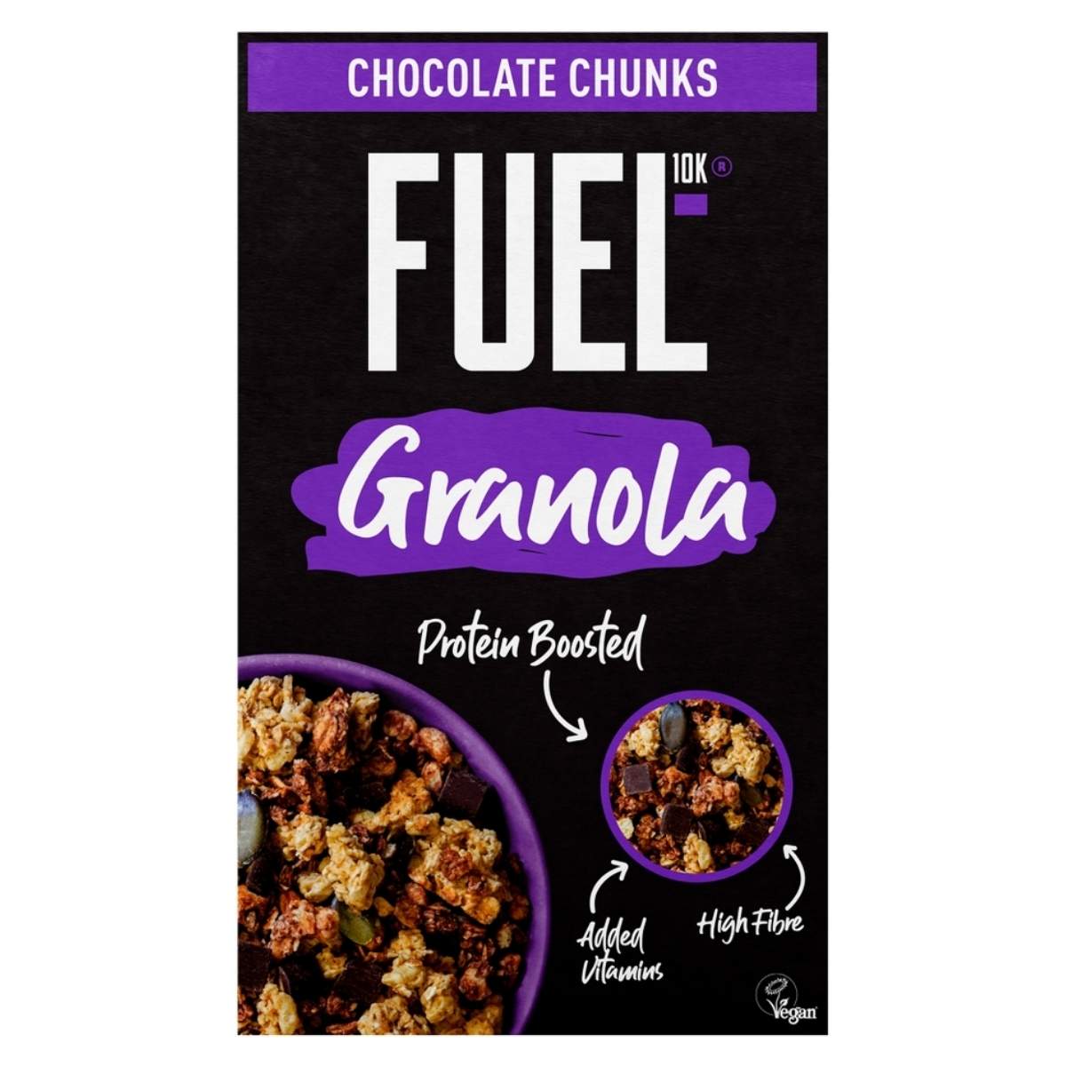 The "Fuel10K - Granola With Chocolate Chunks" 400g box features an energy-rich blend of high fiber, added vitamins, protein boost, and vegan-friendly ingredients in a striking purple and black design with an appetizing granola bowl.