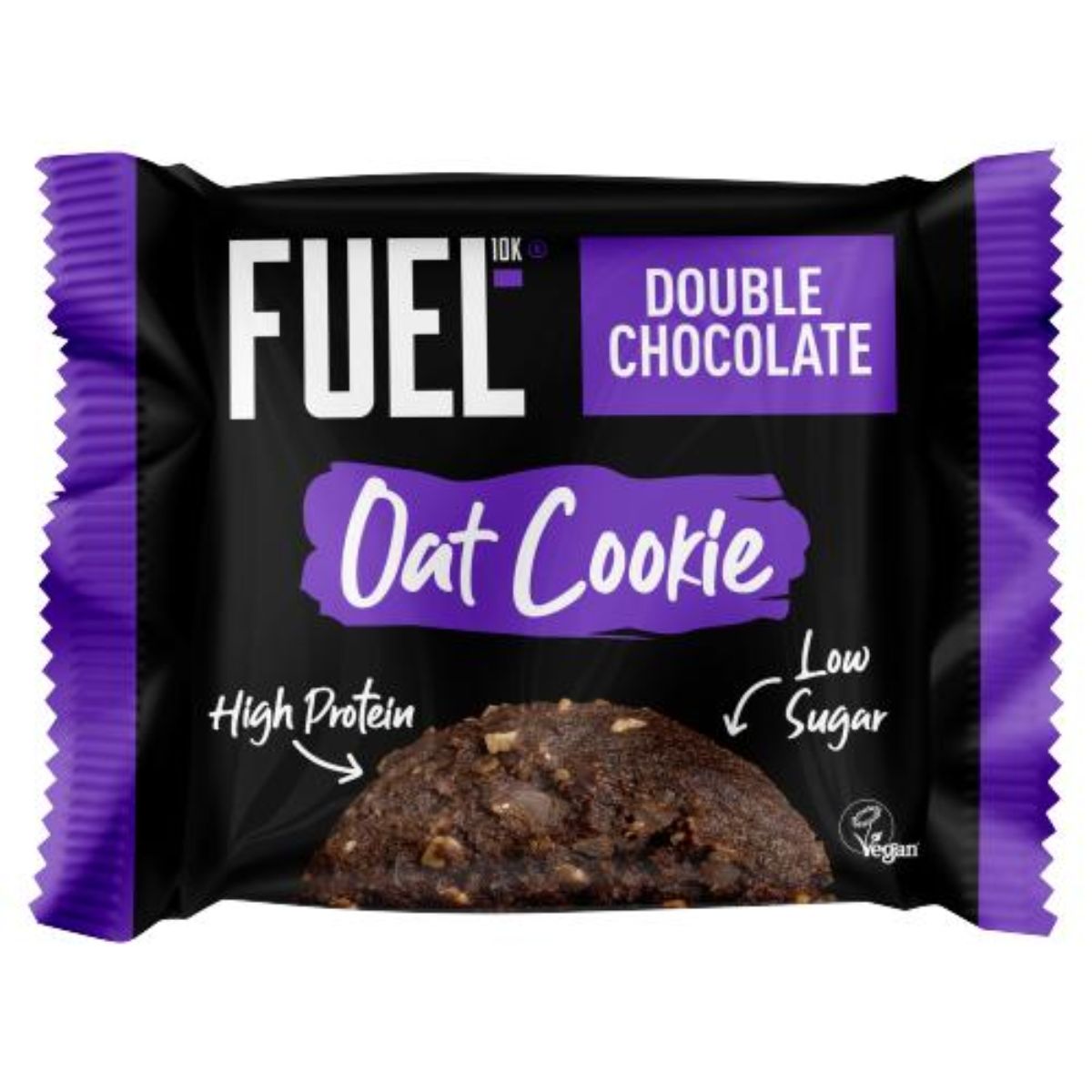 Packaging of a "Fuel10k - Double Chocolate Oat Cookie - 50g," advertised as high protein, low sugar, and vegan.