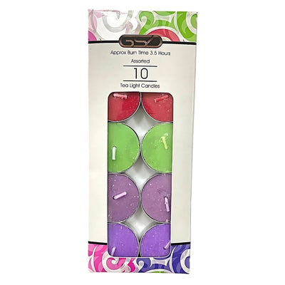 The GSD Assorted Tea Light Candles 10-pack in red, green, and purple creates a cozy ambiance with a warm glow. Each candle can burn up to 3.5 hours, perfect for transforming any room into an inviting retreat.