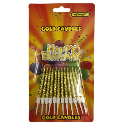 GSD - Birthday Gold Candles - 12pcs feature white bases and “Happy Birthday” labels, set against a festive balloon backdrop—ideal celebration candles from GSD for any special occasion.