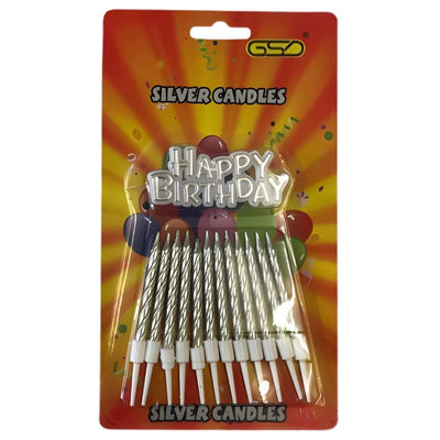 GSD - Birthday Silver Candles (12pcs) by GSD, paired with a "Happy Birthday" topper on a festive balloon-themed background—ideal for decorating birthday cakes.