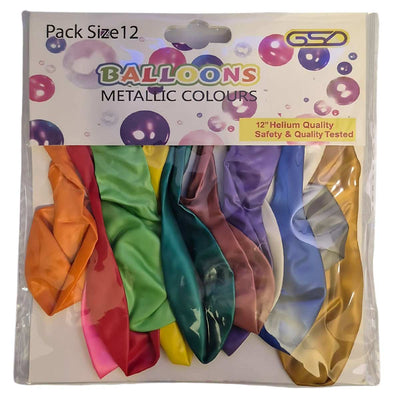 The GSD Metallic Coloured Party Balloons come in a 12-pack, featuring vibrant metallic colors suitable for helium, with assorted colors visible through clear packaging.