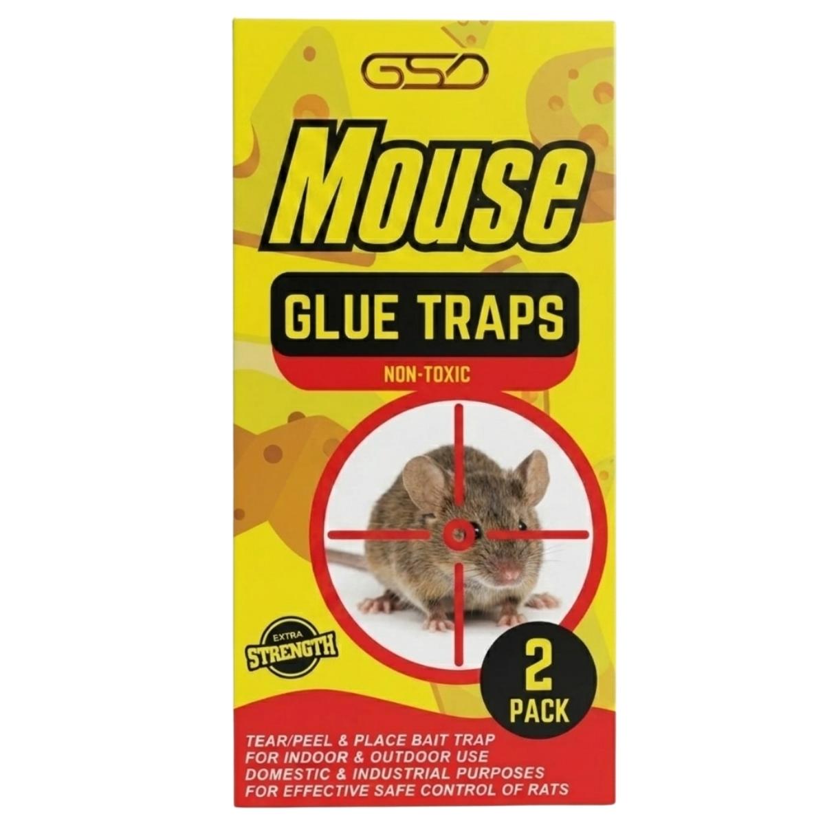 A yellow and red box labeled "GSD - Non Toxic Mouse Glue Traps - 2 Pack" by GSD, featuring a mouse in a crosshair and text noting two non-toxic traps for indoor and outdoor use.