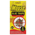 A yellow and red box labeled "GSD - Non Toxic Mouse Glue Traps - 2 Pack" by GSD, featuring a mouse in a crosshair and text noting two non-toxic traps for indoor and outdoor use.