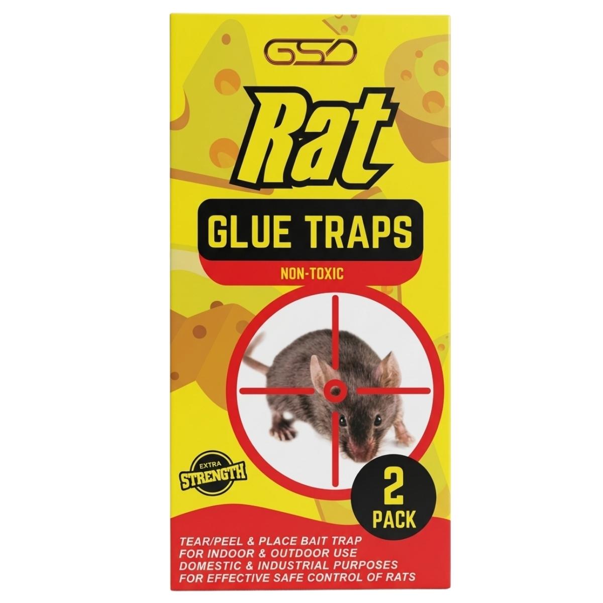 Front of the GSD - Non Toxic Rat Glue Traps - 2 Pack box featuring a photo of a rat in crosshairs, GSD branding, and text highlighting its chemical-free, non-toxic formula and convenient 2-pack.