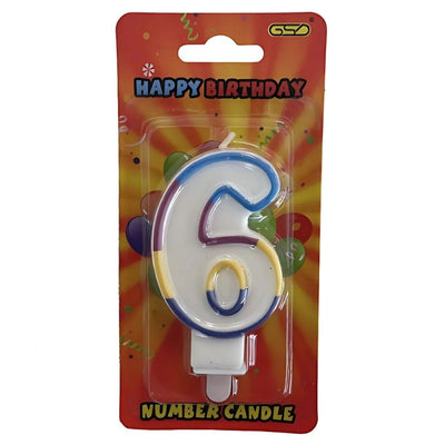 The GSD Number 6 Candle, featuring blue and yellow outlines on an orange background, is designed to stylishly top your birthday cake.