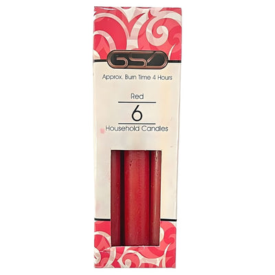 GSD Red Household Candles - 6 Pack: Each classic red candle by GSD offers an approx. 4-hour burn time—ideal for any occasion.