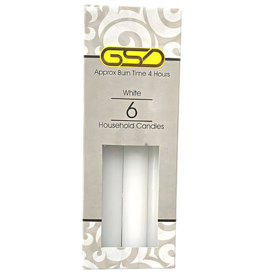 The GSD White Household Candles 6 Pack offers approximately 4 hours of burn time per candle, ideal for ambient lighting and packaged with a clear window for easy viewing.
