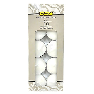 The GSD White Tea Light Candles come in a 10-pack with relaxing scents and a burn time of ~3.5 hours, elegantly presented in a rectangular decorative box with a transparent front.